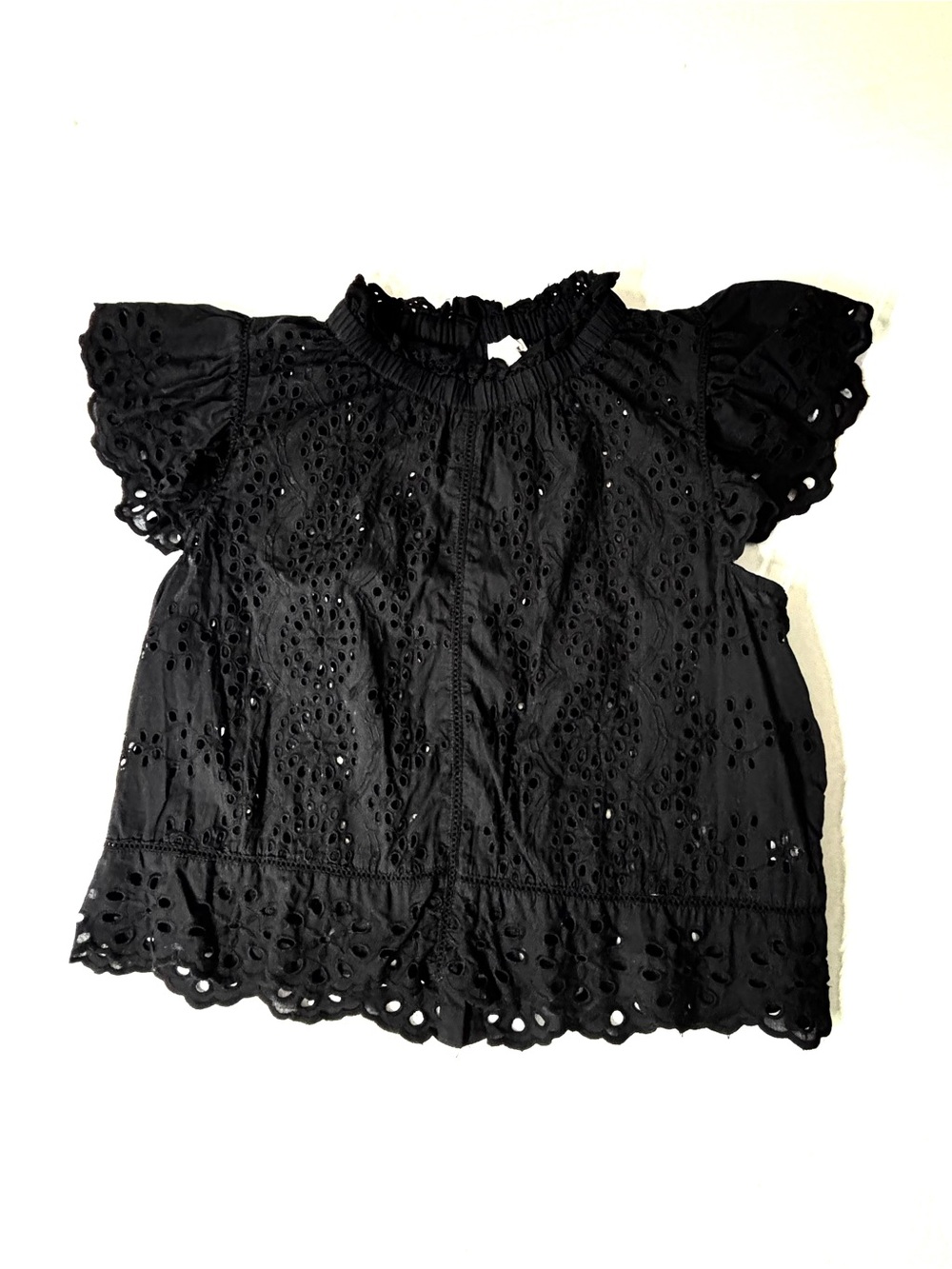 Jennifer & Grace Black Eyelet Top Ruffle Flutter Sleeve Blouse Large